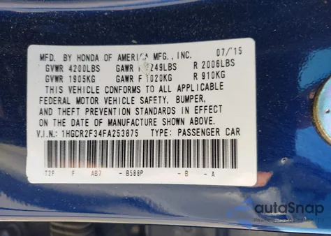 2015 Honda Accord Lx from USA, damaged, VIN 1HGCR2F34FA253875